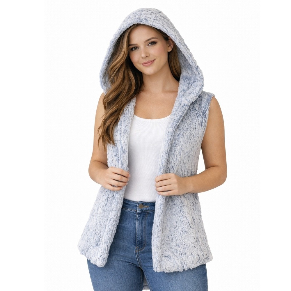 Dylan by True Grit Faux Fur Hooded Vest Womens Size L Blue Marbled Soft Cozy